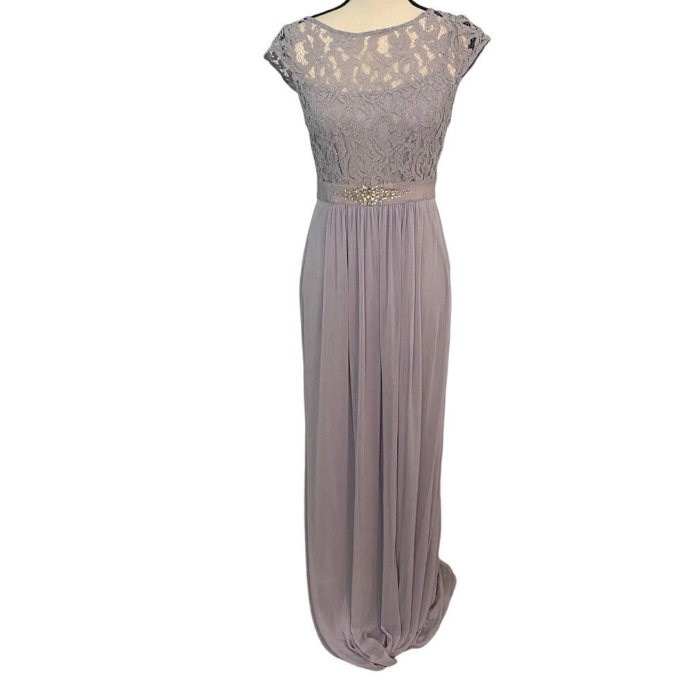 Adrianna Papell Lace Illusion Dress Gray / Silver Sz 6 Gown Beaded Waist Tulle - Picture 2 of 15